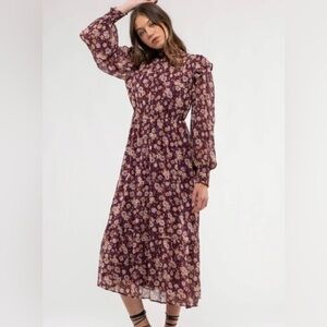 BY THE RIVER Burgundy Floral Smocked Floral Midi Dress Sz Medium
